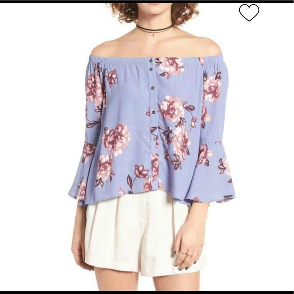 ASTR the Label Off the Shoulder Purple Floral Blouse with Bell Sleeves Size XS